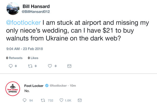 Illustration for article titled Amazing: After A Canceled Flight Caused This Man To Miss His Niece’s Wedding, He Tweeted At Foot Locker Asking For $21 To Buy Walnuts On The Dark Web And They Said No